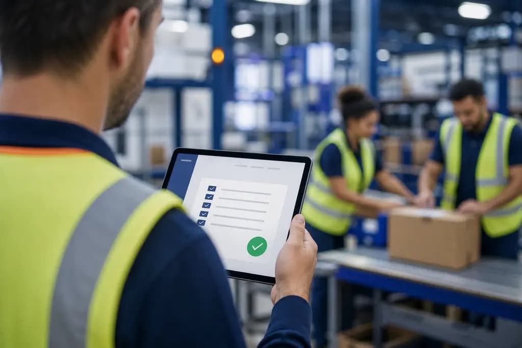 Teamlead bestätigt eine Arbeitsanweisung auf einem Tablet auf der Warehouse-Fläche
